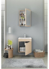 Resim Biani Fix Loft 55 Cm Banyo Dolabı,Seramik Lavabolu, Aynalı,Lavabo Dahil,Mdf,Aybe Bej 