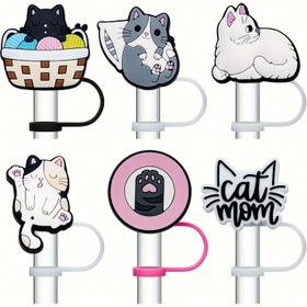 Resim 30oz ve 40oz Bardaklar için Sızdırmaz Sıvı Durdurucu, 6 Parça Karikatür Kedi Silikon Pipet Kapak Seti, Bardaklar için Pipet Delik Kapakları - Plastik İçecek Aksesuarları 