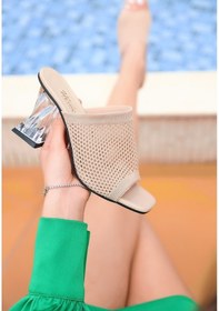 Resim Akva Krem Triko Şeffaf Topuklu Kadın Terlik 