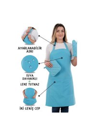 Resim Simple 3lü Set Ayar Askılı Mutfak Önlüğü Seti Eldiven, Tutacak Açık Mavi 