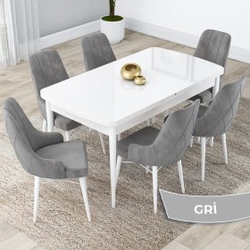 Resim Canisa Concept Lia Serisi, 80 x 132 cm Açılabilir Mutfak Masa Takımı, Beyaz Masa 6 Sandalye 