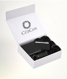 Resim Premium Gift Rose Box - M.utd Siyah Hakiki Deri Cüzdan - Kartlık - Anahtarlık Ve Siyah Gül Kutusu Siyah 