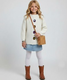 Resim CLOUDY WEAR&DESİGN Kız Çocuk Renkli Nakış Detaylı Pembe-Ekru Oversize Triko Kazak 