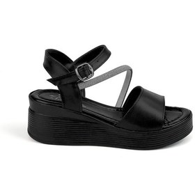 Resim Kadın Siyah Tokalı Taşlı Dolgu Topuklu Sandalet 6 Cm Rahat Yüksek Topuklu Flgs16 Siyah 