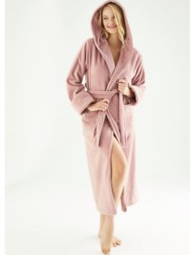 Resim Uzun Kapüşonlu Triga Bambu Cotton Bayan Bornoz Pudra 
