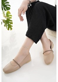 Resim Kadın Babet Bej Taşlı Şık Ev İş Ofis Günlük Ayakkabı 