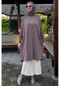 Resim Rabia Şamlı Sevda Triko Tunik Sütlü Kahve Çok Renkli 
