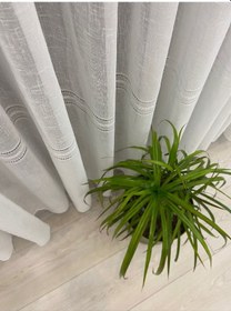 Resim Keten Zeminli Şerit Desenli 1/2,5 Orta Pileli Tül Perde Kırışmaz, Ütü Gerektirmez Ekru 