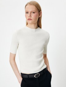 Resim Triko Kazak Kısa Kollu Fitilli Yuvarlak Yaka 