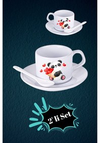 Resim Sevgililer Günü Kalpli Baskılı 2 Li Set Kaşıklı Porselen Çay Kahve Fincan Seti-7 Beyaz 