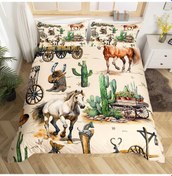 Resim Çocuklar At Yatak Takım Seti Çift Boyutlu Dörtnala Atlı Yatak Kapak Gençler Dekor İçin Set Ahşap 