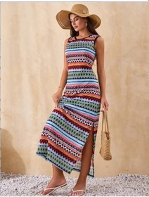 Resim Hazego Kadın Bisiklet Yaka Cizgi Desen Süprem Elbise Haki 