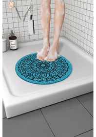 Resim Yuvarlak Desenli Banyo Paspası Kaymaz Yumuşak Esnek Paspas Islak Zemin Hijyenik Paspas 50x50 Cm Mavi 