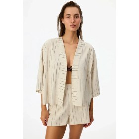 Resim Penti Naya Çizgili Keten 3/4 Kollu Kimono 