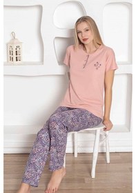 Resim Alimer Kadın Çiçek Desen Bisiklet Yaka 3 Düğmeli Kısa Kol Cepli Pijama Takımı Pudra 