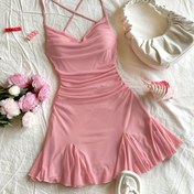 Resim Kadınlar İçin Seksi Derin V Yaka Büzgülü Mini Elbise - İnce Askılar, Sırtı Açık, Fiyonk Detaylı & Deniz Kızı Silueti, Pastel Pembe, Makinede Yıkanabilir, Tatil, Plaj, Parti, Günlük Giyim, Ön Fiyonk Tasarım, Yarı Şeffaf Kumaş 