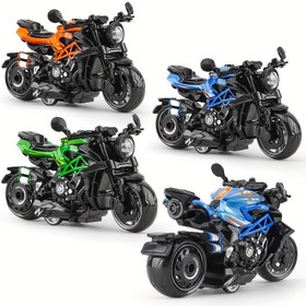 Resim 1 adet Şimşek Tarzı Motosiklet Oyuncak - Dayanıklı Çinko Alaşımlı Minyatür Modeli Geriye Çekme Eylemi ile, Hava Koşullarına Dayanıklı, Siyah Çerçeve ve Renkli Vurgular (Turuncu, Yeşil, Mavi, Mor), Tatiller için Mükemmel Hediye, Gençlerin Eğlencesi | Film İlhamlı Oyuncak | Gerçekçi Motosiklet Modeli 