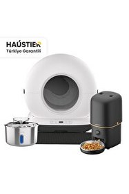 Resim Haustier Akıllı Otomatik Kedi Tuvaleti - Akıllı Mama Kabı - Kedi Su Sebili 3'lü Set (CB002S - PF05S - WF009L-W) 