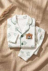 Resim DYZSTAR Bebek ve Çocuk Yeşil Ayıcık Desenli Fitilli Kaşkorse Pijama Takımı Uzun Kollu Rahat Kalıp 1-2-3 Yaş 