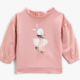 Resim Kız Bebek Tavşan Baskılı Tül Detaylı Sweatshirt Bisiklet Yaka Pamuklu 