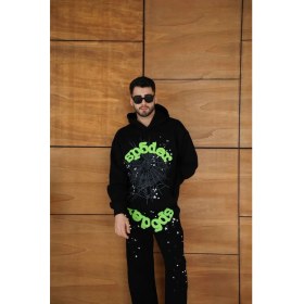 Resim Marsilyan Kapüşonlu Eşofman Takım Örümcek Ağı ve Neon Yeşil Baskılı Kanguru Cepli Oversize Rahat Kalıp, Premium Üç Iplik Kumaş - Siyah - 