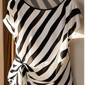 Resim Şık Çapraz Çizgili Rahat Üst ve Fiyonk Etek - %100 Polyester Yuvarlak Yaka 