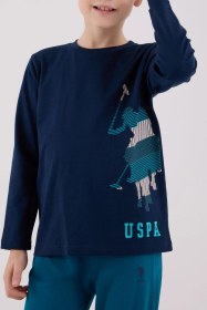 Resim U.s. Polo Assn. Erkek Çocuk Logolu Lacivert %100 Pamuklu Uzun Kollu Paça Lastikli Pijama Takım Lacıvert 