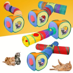 Resim Kediler için 3 yönlü katlanabilir tünel oyuncağı, gözetleme deliği ile etkileşimli oyun tüpü, yavru kediler için - gökkuşağı desenli, polyester malzemeden yapılmış, çoklu kedi oyun tünel seti - 2'li set 
