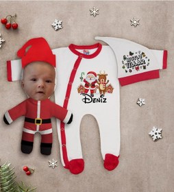 Resim Bk Gift Kişiye Özel Yılbaşı Temalı Tulum Zıbın Kukuletalı Şapka Ve Bebek Yastık Hediye Seti-5 Çok Renkli 