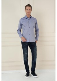 Resim Slim Fit %100 Pamuk Uzun Kol Dokulu Klasik İndigo Gömlek Gk 749 Indigo 