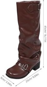 Resim VALICLUD 1 Çift Diz Üstü Çizme Bayan Kahverengi Pu Batı Orta Baldır Kalın Elbise Ayakkabısı Kovboy Geniş Baldır Çizmeleri Kadınlar İçin Retro Country Dans Partisi Ayakkabıları 