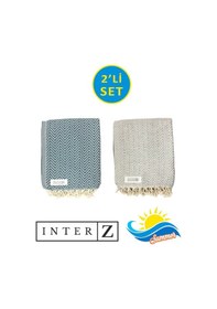 Resim 2'li Set Peştemal Plaj Havlusu , %100 Pamuk , Xxl 100x180cm, Marmaris, Gri - Mavi 