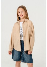 Resim Kız Çocuk Tek Cepli Gömlek T-shirt İkili Takım 1802 Bej 