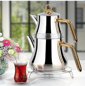 Resim Lines Naz Çelik Çaydanlık Takımı Altın Kulp Aile Boy Beyaz 