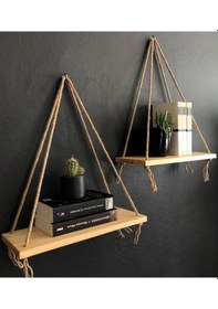 Resim O&Awood 2'Li Halatlı Doğal Ahşap Raf, Dekoratif Duvar Rafı, Renksiz Verni 