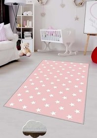 Resim Pelangi Pembe Yıldızlı Çocuk Odası Yıkanabilir Kaymaz Taban Leke Tutmazbebek Ve Çocuk Odası Halısı, Pembe-Beyaz 60 x 200 