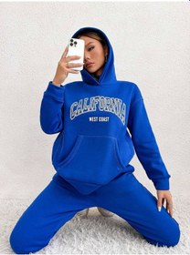 Resim Eşofman Takımı Sweatshirt - Sax Mavi Baskılı Oversize Şardonlu Kapüşonlu Lacivert 
