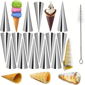 Resim 12 adet Paslanmaz Çelik Hamur Kalıpları ile Temizleme Fırçası, Croissants, Tatlılar ve Ekmek Pişirme için Konik Şekilli Hamur Tüpleri, DIY Mutfak Pişirme Araçları 