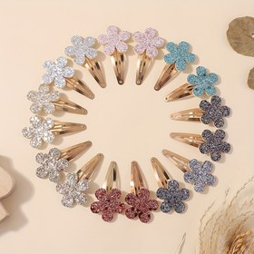 Resim Kızlar için 16-Lü Flower Saç Tıklar, Parlak Sekin Çiçek Barretleri, Karma Renk Polyester, Tüm Mevsim Elf Teması, 3-14 Yaş Aralığında Çocuklar için Çeşitli Saç Aksesuarları ve Stiller 