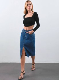Resim Banny Jeans Kadın Yırtmaçlı Midi Jean Etek 