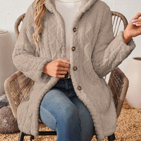 Resim Kadınlar İçin Şık Pembe Sahte Kürk Mont - Dekoratif Altın Düğmelerli Şık Düğmeli Dış Giyim, Uzun Kollu Sonbahar/Kış İçin 