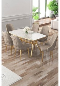 Resim Canisa Asel Serisi 90x160 Lak Panel Beyaz Mermer Desen Gold Ayaklı Masa Takımı Ve 6 Cappucino Sandalye Beyaz Mermer Desen Masa Sandalyeler Cappucino 