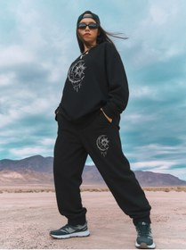 Resim ship master Kadın Siyah Güneş ve Ay Baskılı Eşofman Takımı %100 Pamuk Sweatshirt Pantolon 