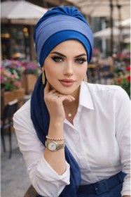 Resim Aişe tesettür Koyu Mavi Batik Fularlı Desen Fularlı Bone 