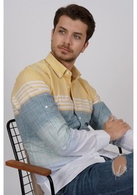 Resim Panolu Sarı Yeşil Slimfit Keten Erkek Gömlek Sarı 