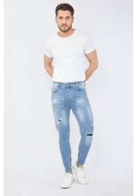 Resim Erkek Skinny Fermuarlı Paça Detaylı Jean Açık Mavi 001 
