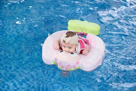 Resim Mambobaby Yüzme Simidi - Pink Flowers, Emniyetli, Gölgelikli ve Ayak Destekli 