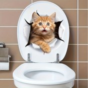 Resim 1 adet Sevimli Turuncu Yavru Kedi Tuvalet Kapağından Bakış Yapıyor Etiketi - Kendinden yapışkanlı banyo duvar çıkartması, yüzeyler için kare hayvan baskı plastik dekor, kolay soyulabilir ve yapıştırılabilen ev dekorasyonu, tuvalet dekoru ve aksesuarları 