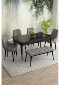 Resim Meri Serisi 80x132 Açılabilir Mdf Siyah Mermer Desen Masa Takımı 4 Siyah Sandalye 1 Bench Gri 