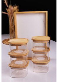 Resim Duo 400ml 6'lı Bambu Beyaz Mermer Desen Tepsili Bambu Vakumlu Kapaklı Cam Kahvaltılık Bambu 